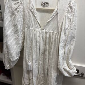 White Textured Dress with Puff Sleeves